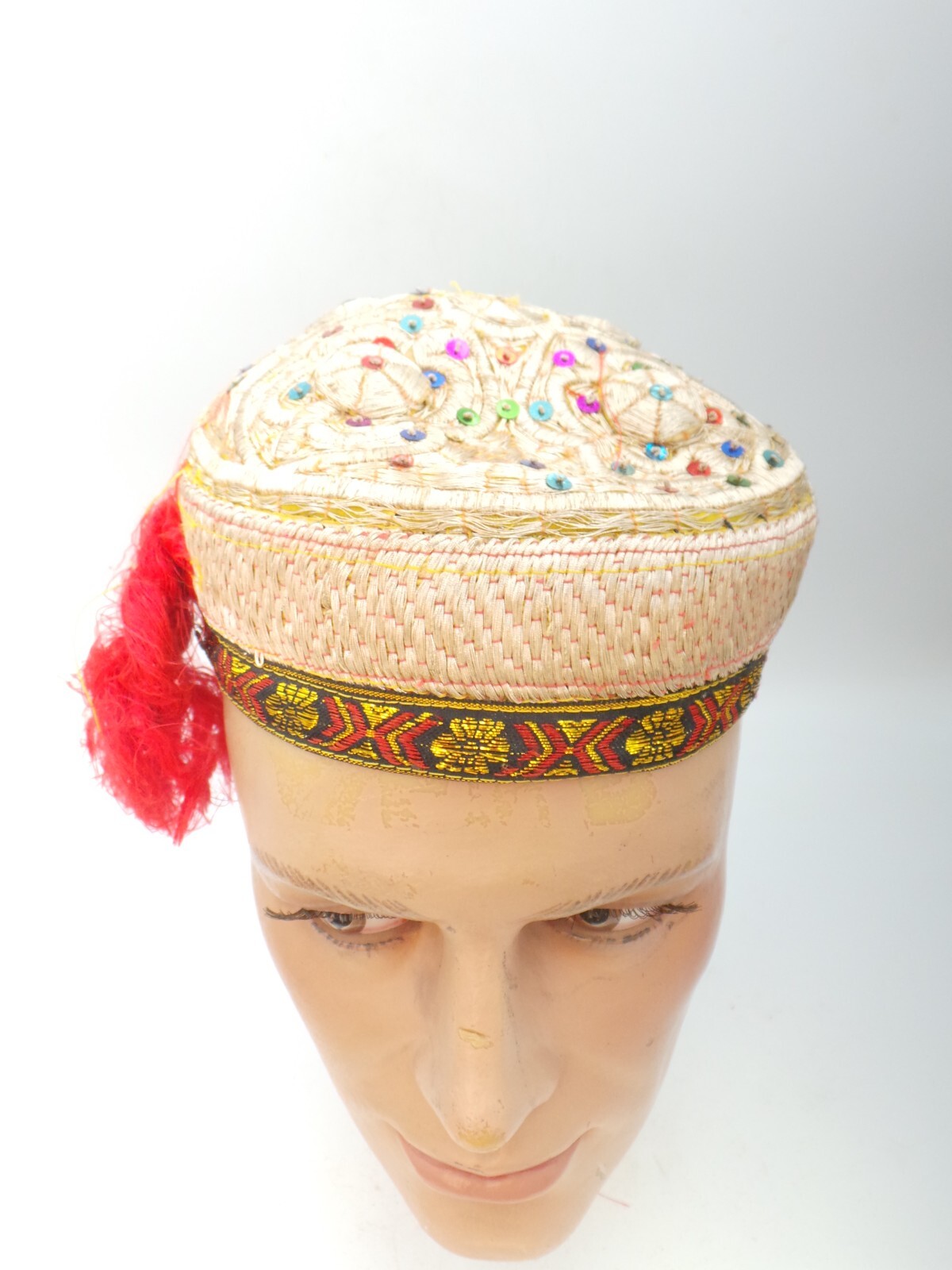 Antique Bride wedding Uzbek Bukharan Gold Gilded Hand Embroidery Cap Hat Ethnic