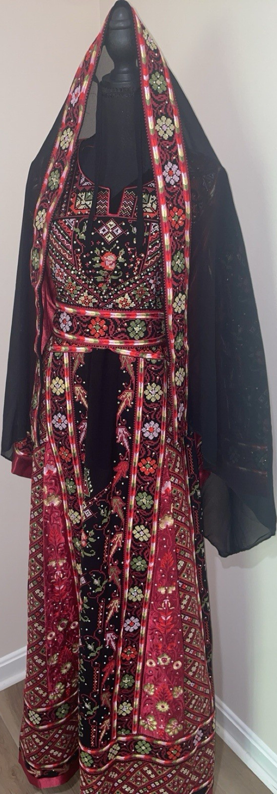 Handmade Kaftan Dress Red Black Gold Embroidered with Shawl Women