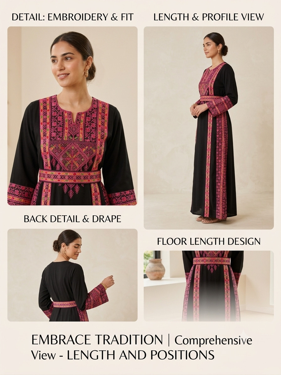 Traditional Palestinian Emerald Green Thobe Hand Inspired Tatreez Heritage Dress