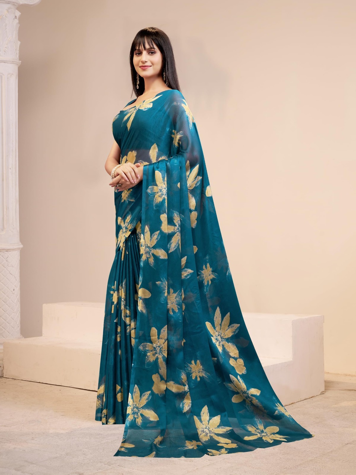 Women’s Floral Print Chiffon Saree Indian Bollywood Designer Festive Party Wear