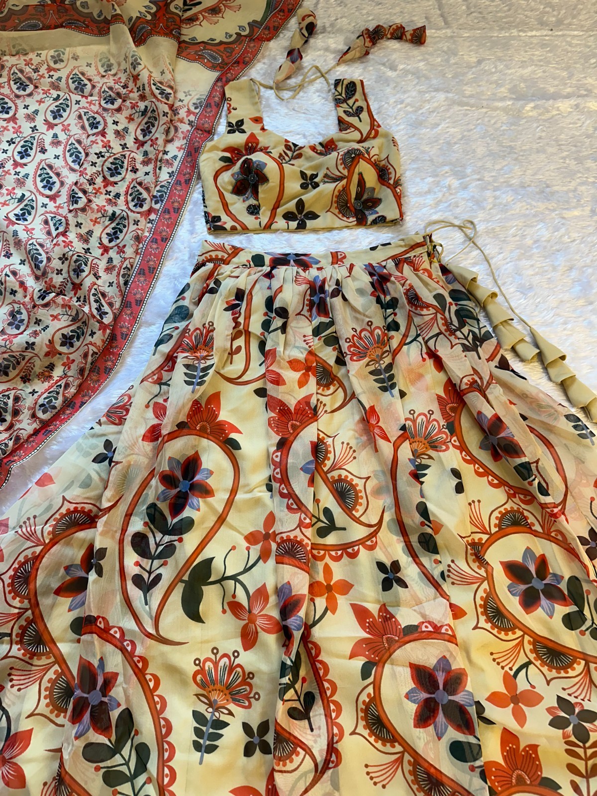 Pure Organza Floral Printed Lehenga Choli Set Intricate Hand Work Sleeveless