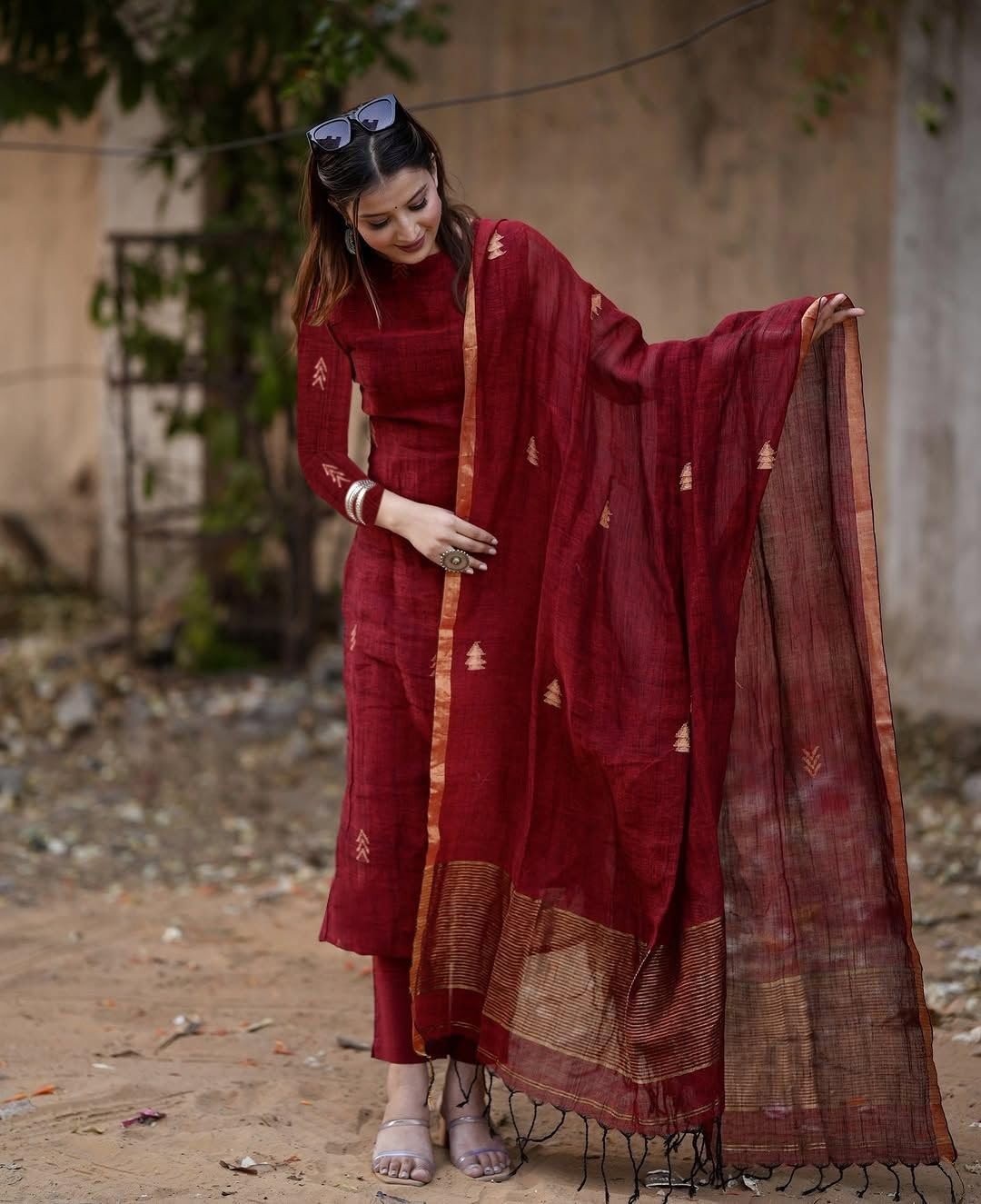 Pure Cotton Maroon Kurta Pant Set with Dupatta for Women
