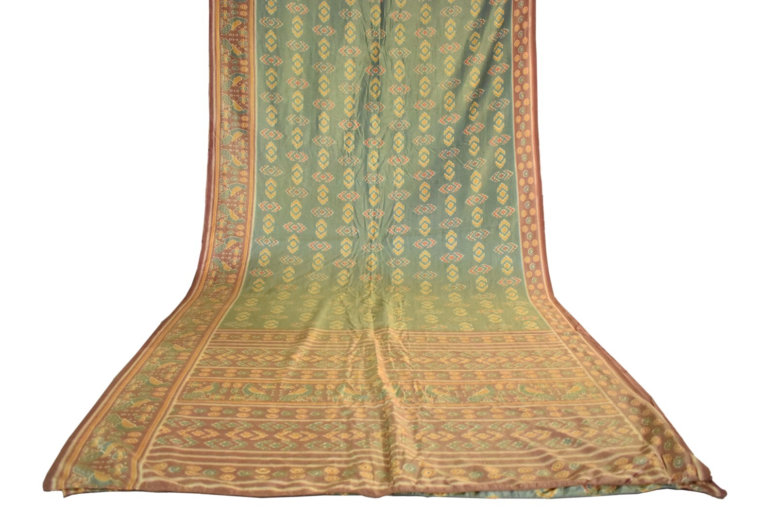FNC Vintage Green Sambalpuri Ikat Sarees Handwoven Art Silk Sari Fabric Antique
