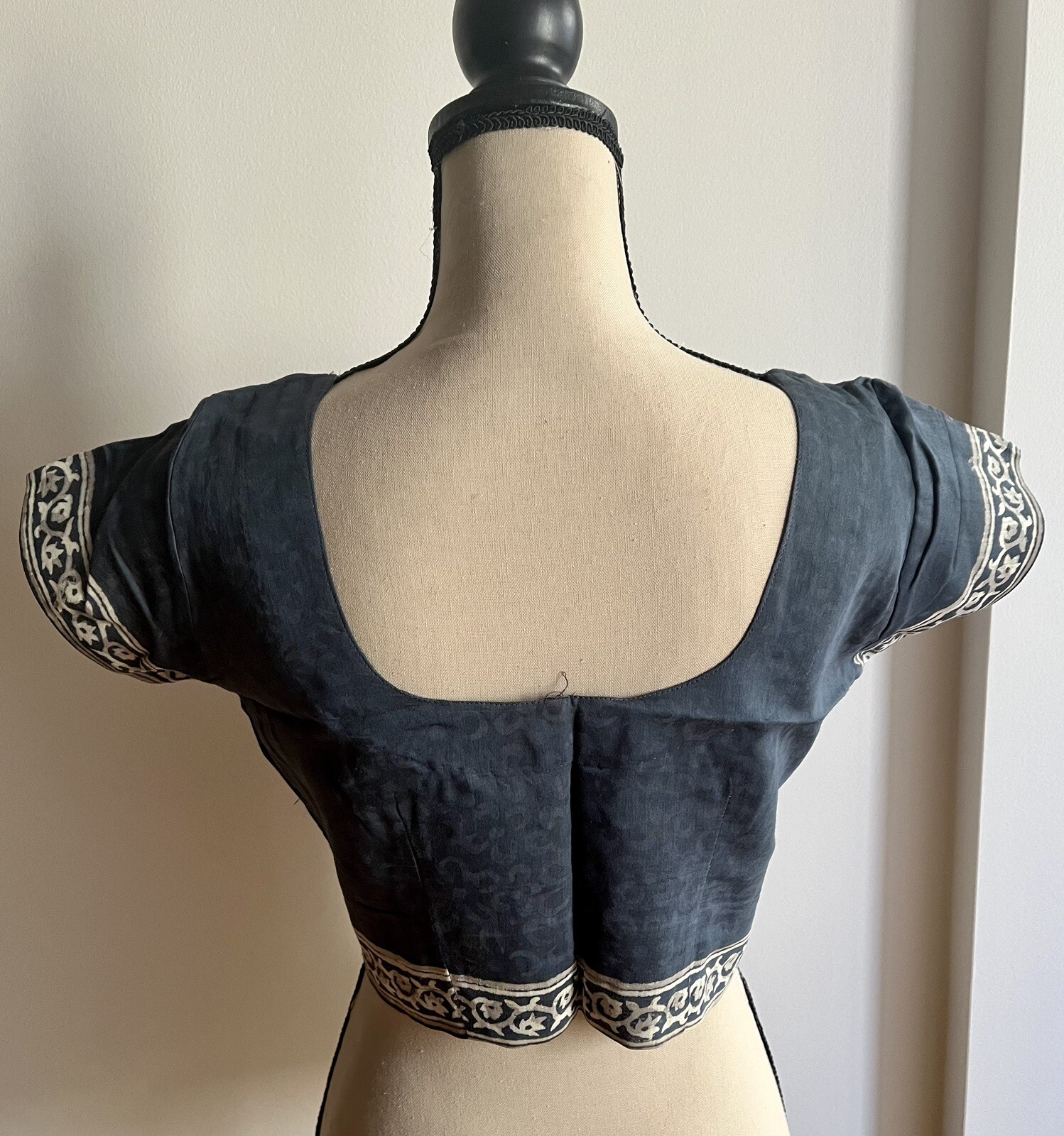 Blue Hand Block-printed Organic Cotton Saree & Stitched Choli Blouse (Size 4-8)