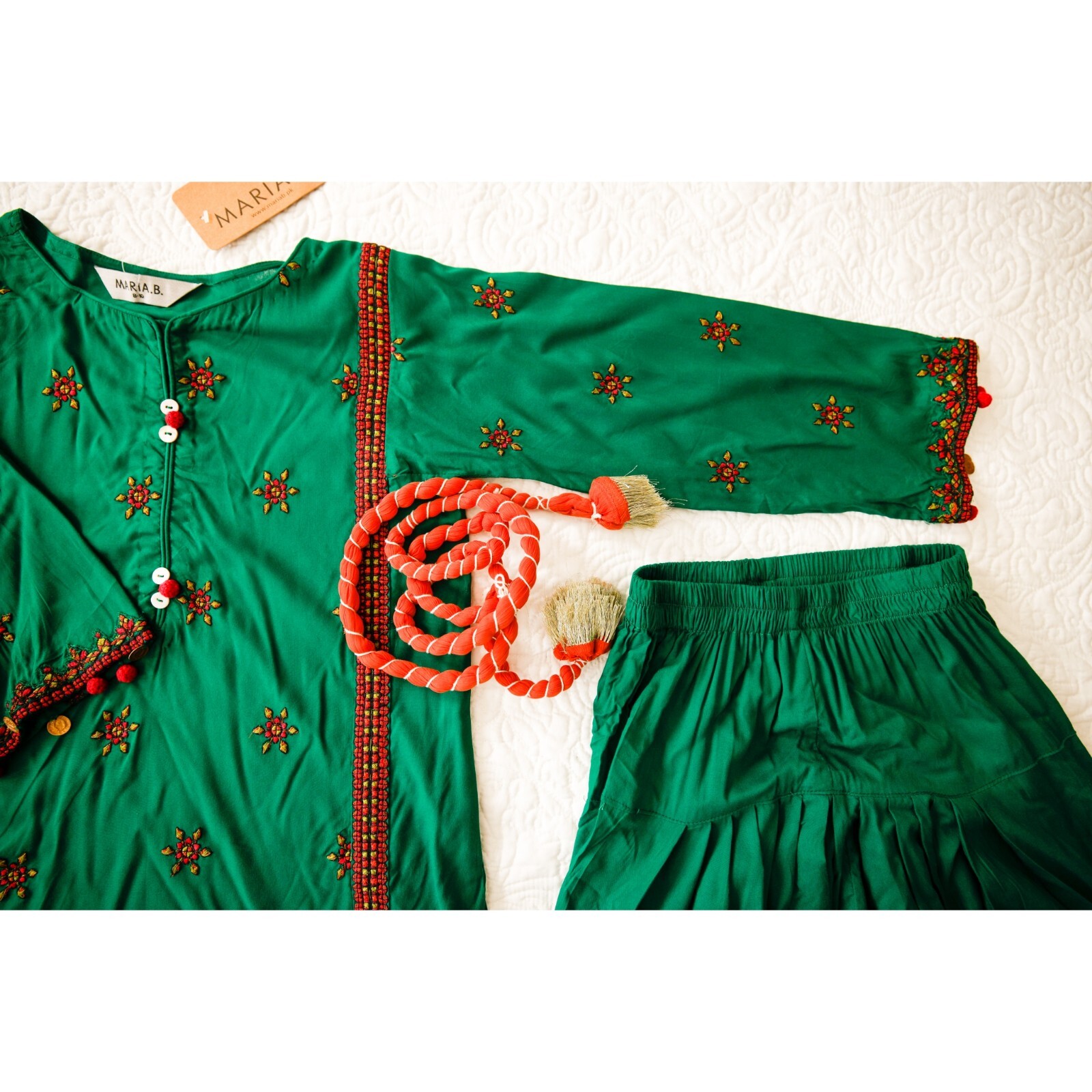 Maria B. Girls Pakistani 3 Piece Kameez Trouser Outfit, 2-4 Years, Green/Orange