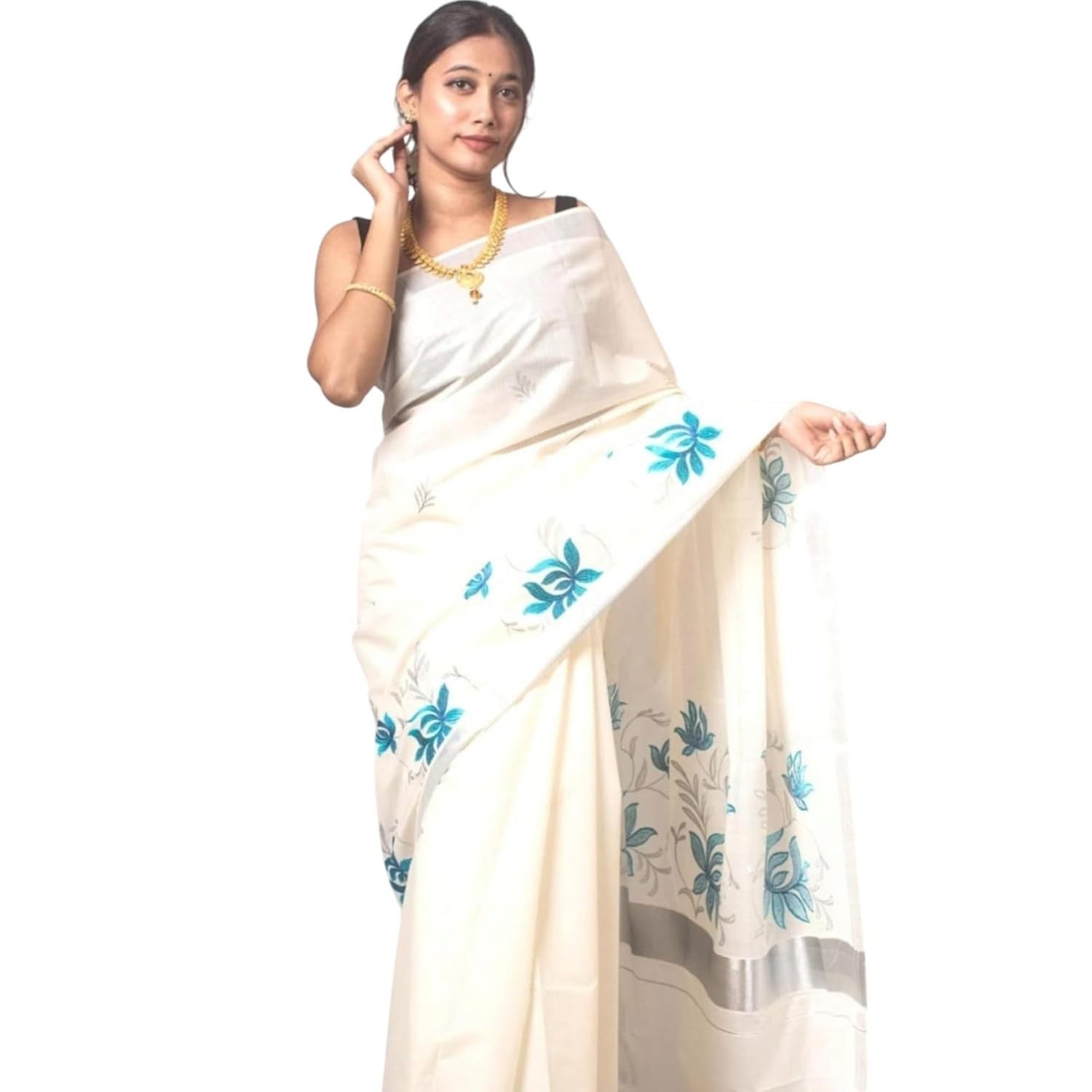 Women’s Kerala Kasavu Embroidry Cotton Saree With Running Blouse Piece