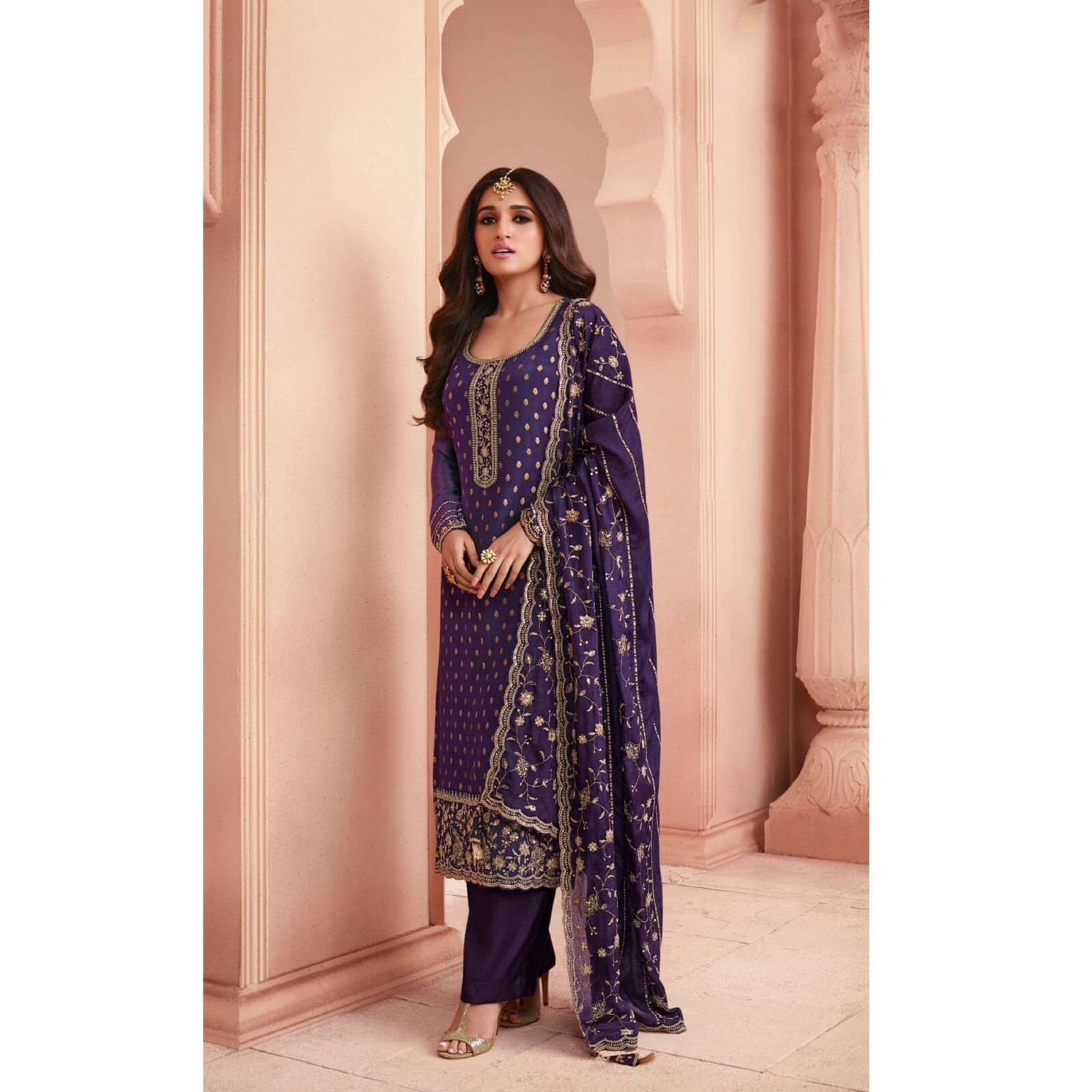 Amusing Purple Color Designer Salwar Kameez Trouser Pant Suit With Heavy Dupatta