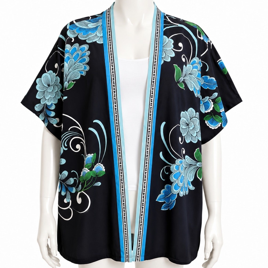 Chico’s Floral Open Front Kimono Cover Up Blue Black Women’s S/M