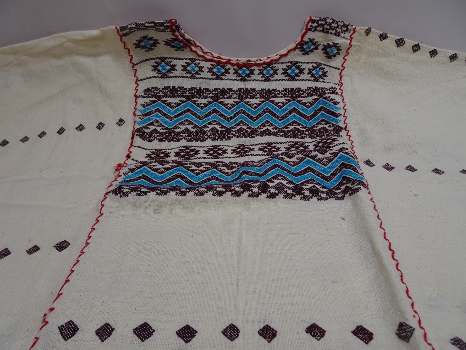 Mexican Cotton Huipil Dress Amuzgo Oaxaca Turquoise White Maxi Kaftan Tunic