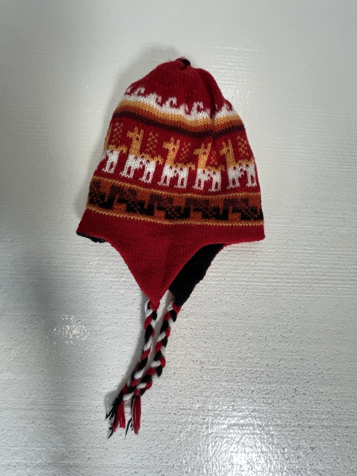 Handmade Peruvian Chullo Knit Hat Cusco Design Llama Motif Ear Flaps Acrylic