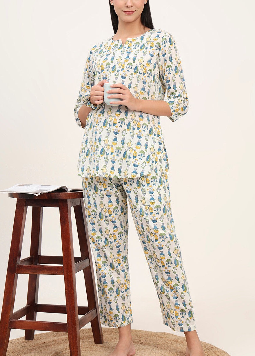 White Cotton Printed Night Suit Set for Women Soft Breathable Pajama Sleepwear