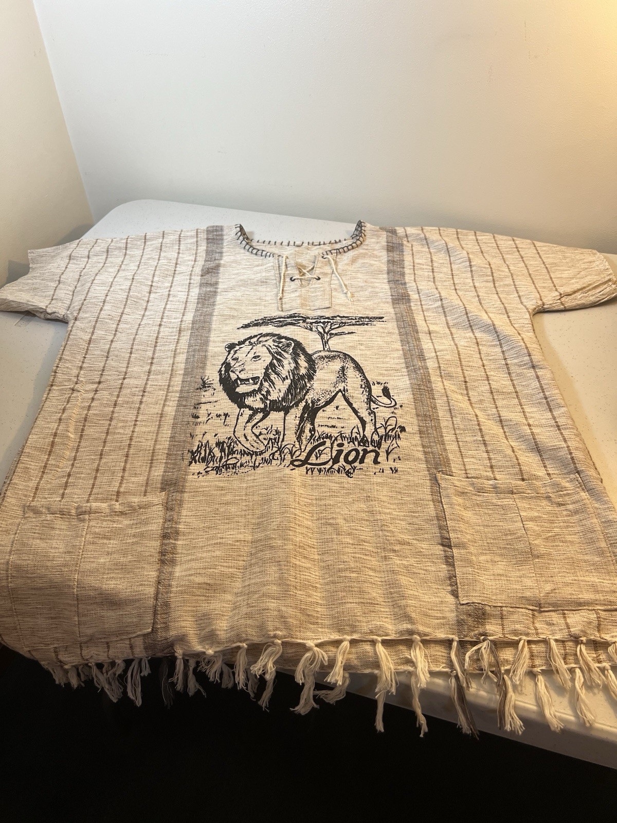 Africa Woven Lion Shirt Size XXL With 2 Pockets & Fringe Handmade In Africa