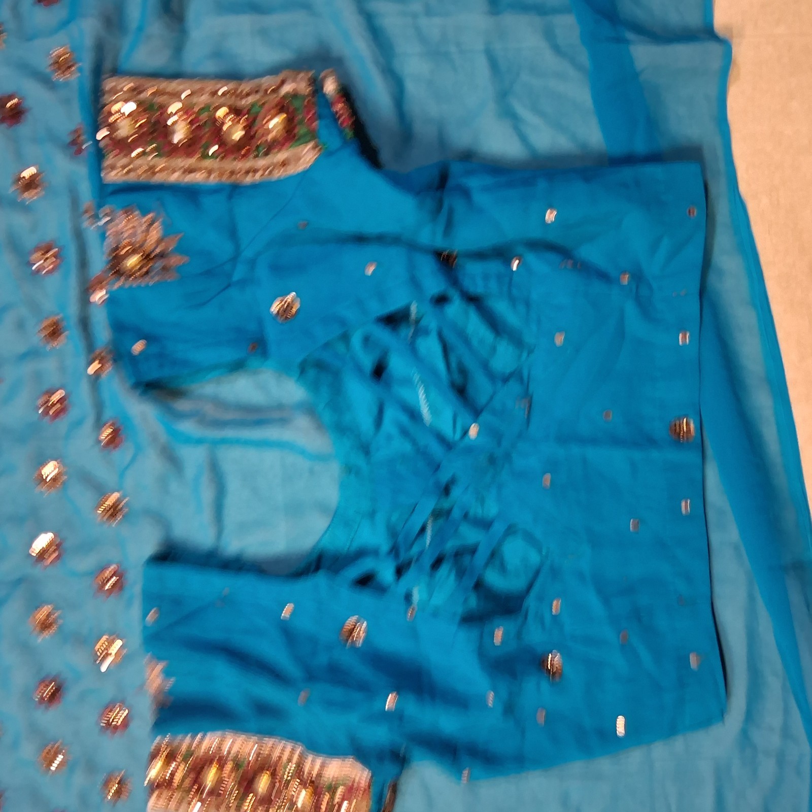 Indian Sari Saree Set Teal Blue Sequin Beaded Wedding Party w/ Blouse dress
