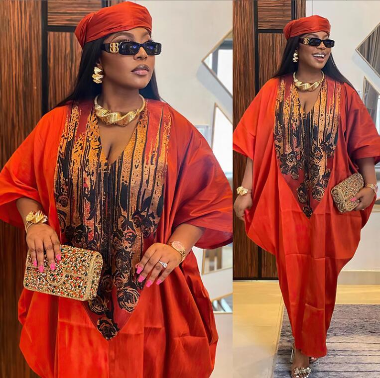Satin Kaftan African Women Plus Size Robe Dashiki Headscarf Nigerian Party Dress