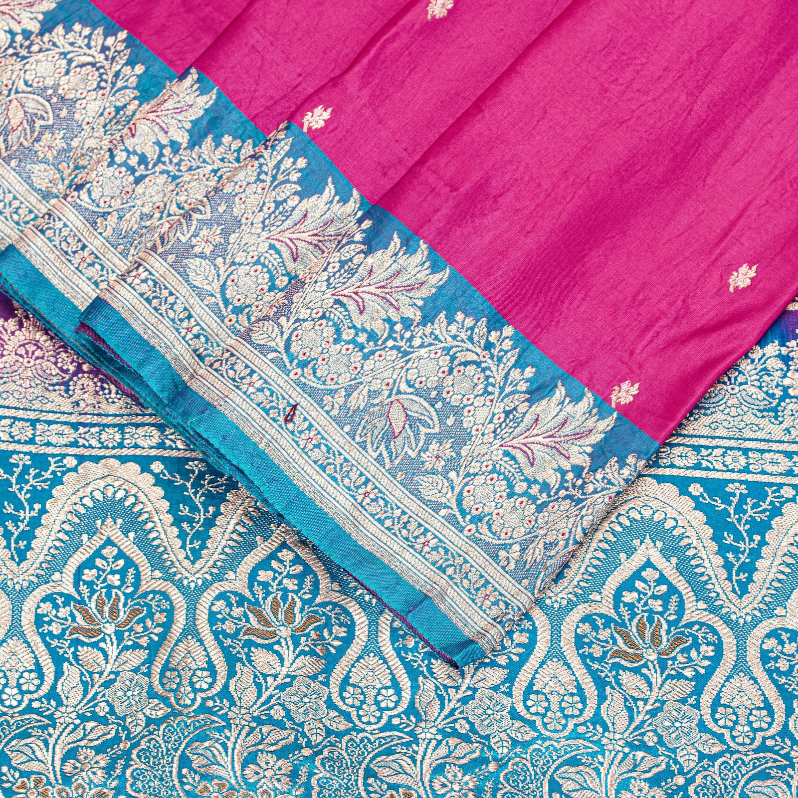 Sanskriti Vintage Pink-Blue Pure Satin Sarees Banarasi Brocade Zari Woven 5.5+Yd