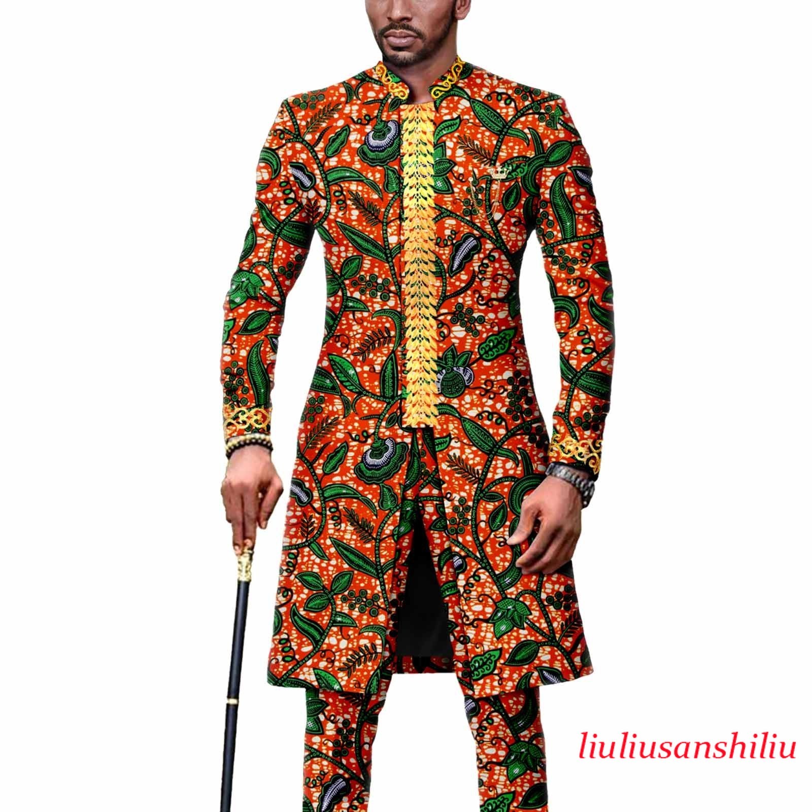 Dashiki for Men African Suit Embroidery Jackets and Pants 2 Piece Set Outfits