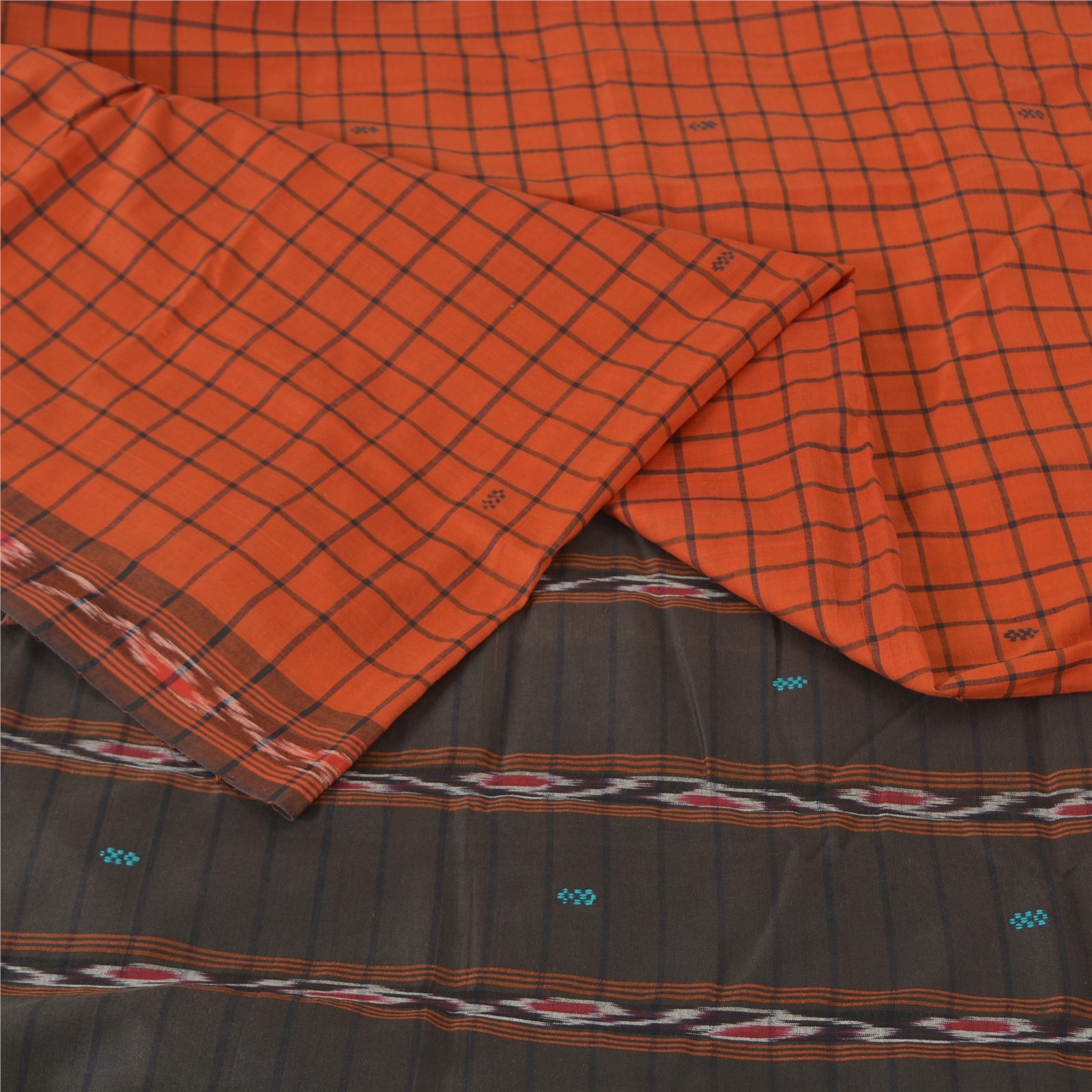 Sanskriti Vintage Rare Saree Ikat Handwoven Blend Cotton Orange Sari 5Yd Fabric