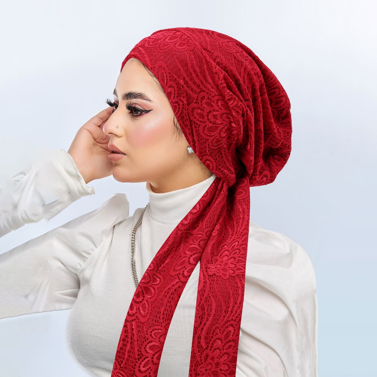 Solid Color Lace Women Turban Cap Elegant Muslim Fashion Strap Hollow Out Scarf