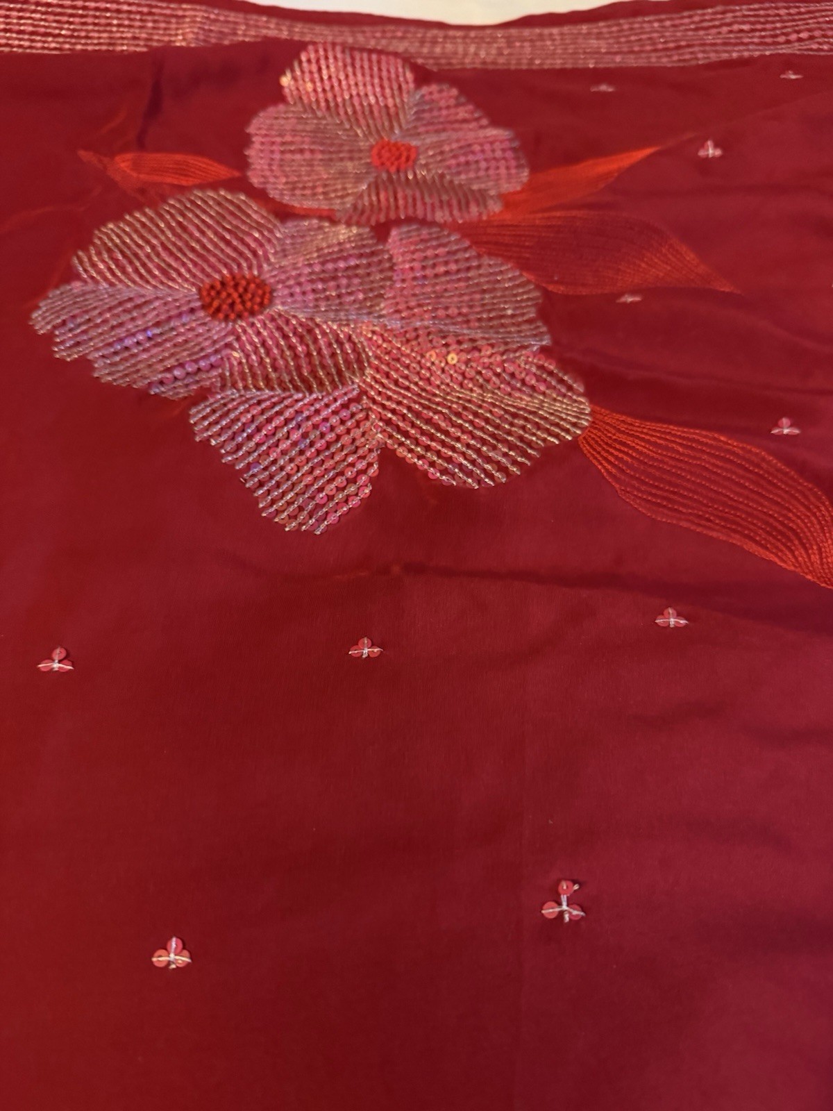 Red Silver silk Floral Sequin Embellished Saree with Blouse for Women Free Size