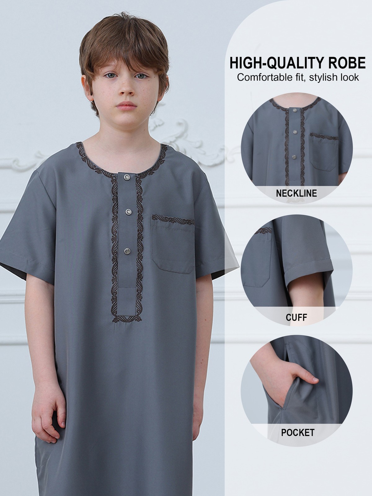 Saudi Arab Boys Thobe Jubba Long Sleeve Abaya Coat Simple Button Daily Wear Eid
