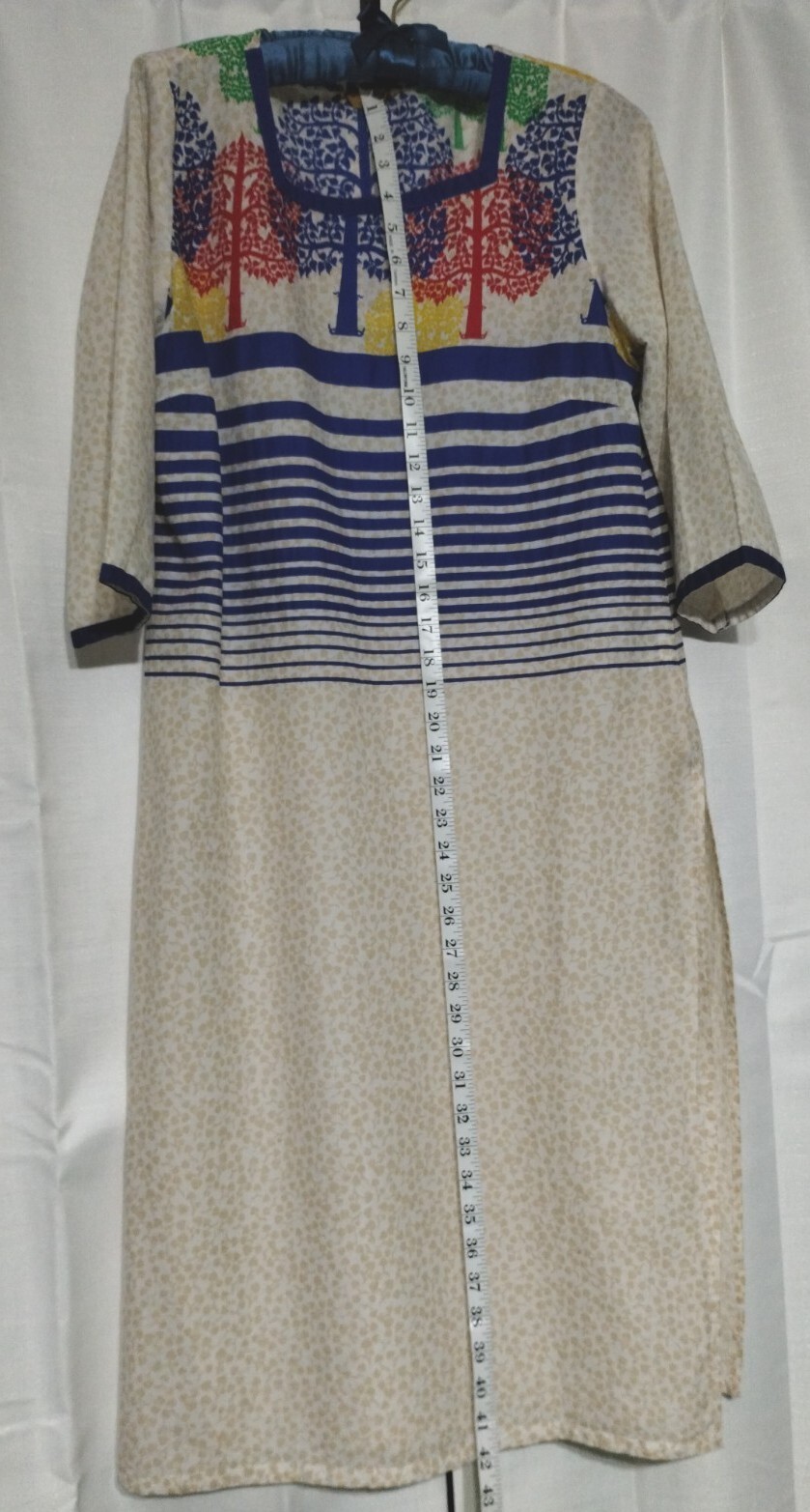 AURELIA Cool & Light Cotton Kurta ~ Large ~ Blue, Red, Green, Yellow Trees EUC