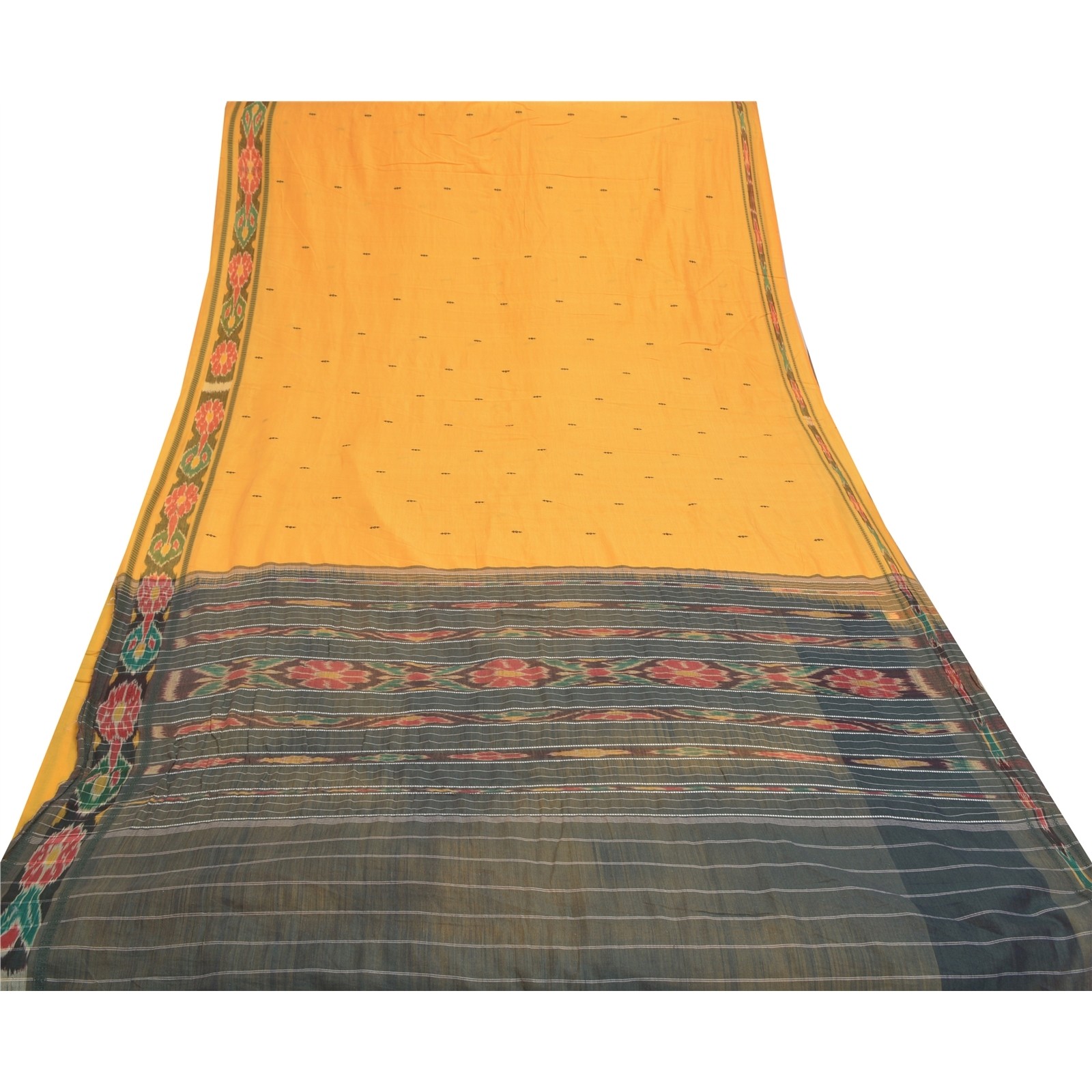 Sanskriti Vintage Yellow Ikat Hand Woven Sarees Blend Cotton Sari Craft Fabric