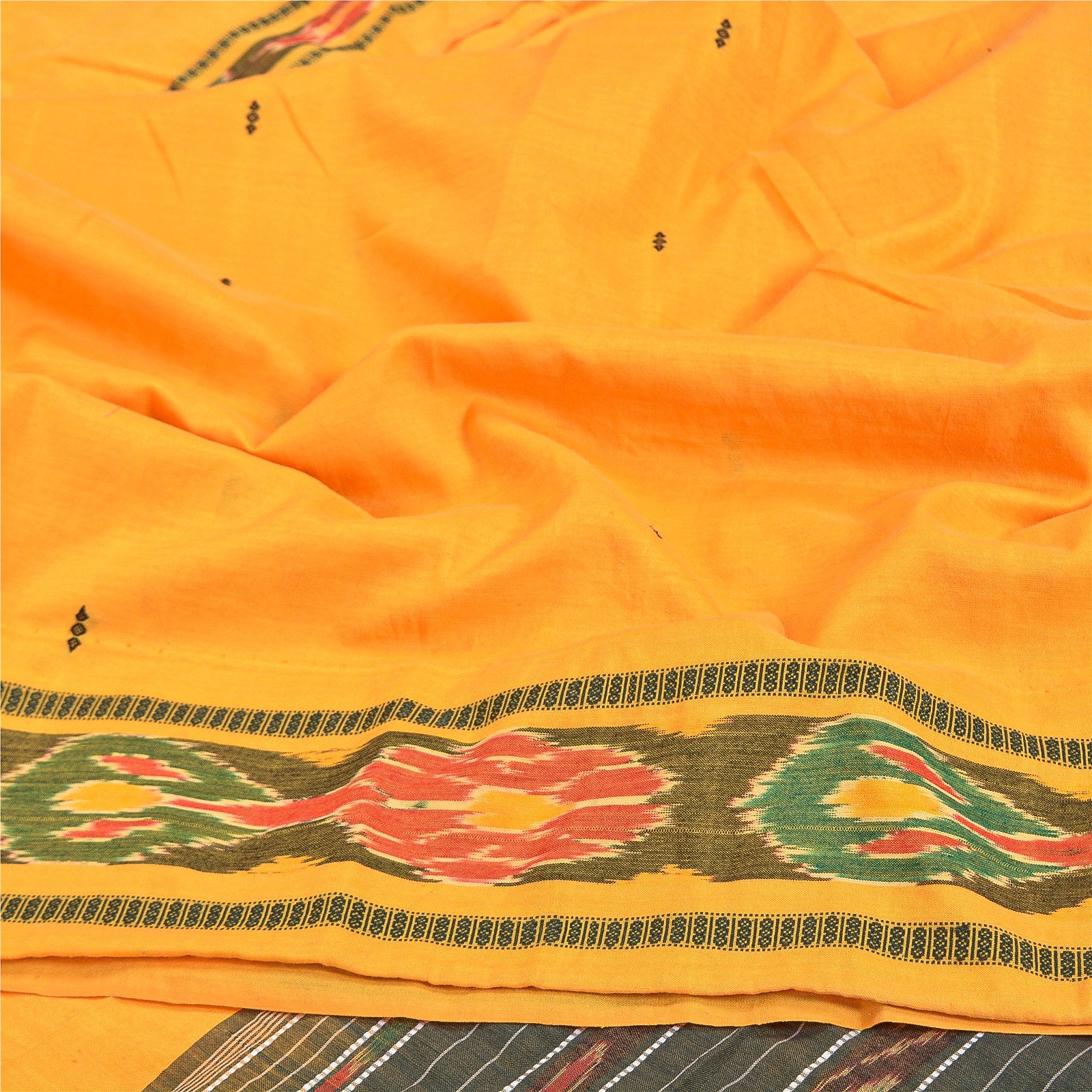 Sanskriti Vintage Yellow Ikat Hand Woven Sarees Blend Cotton Sari Craft Fabric