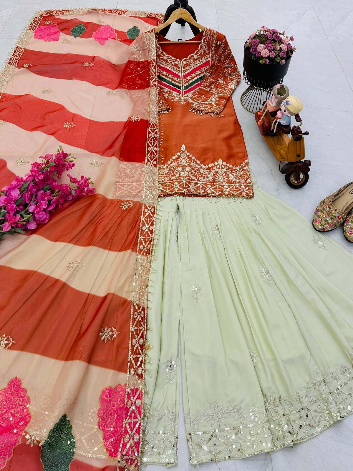 Latest New Silk Kurta Palazzo With Tabi Organza Dupatta For Function Wear