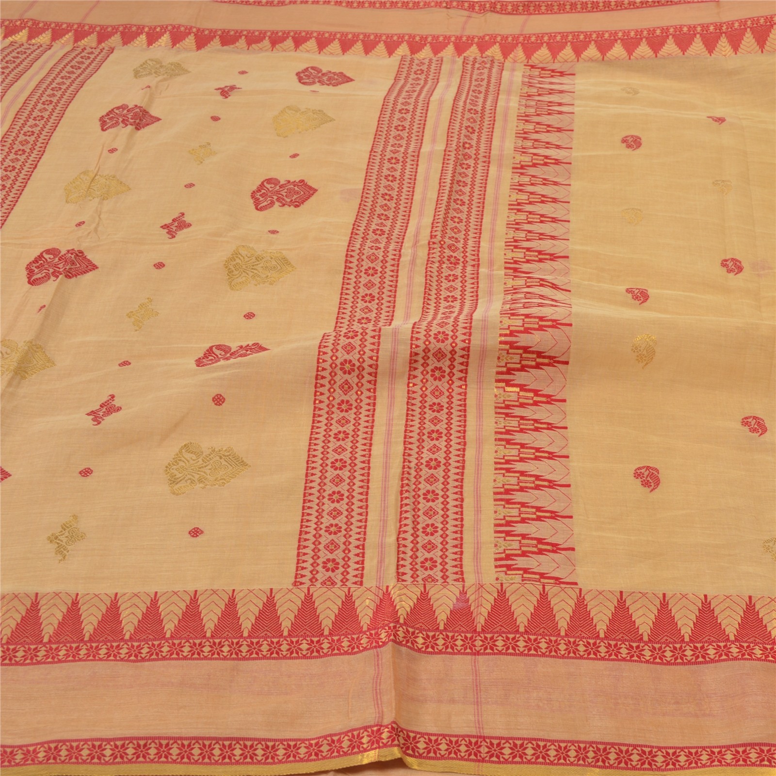 Sanskriti Vintage Beige Indian Sari Pure Cotton Hand Woven Sarees Premium Fabric