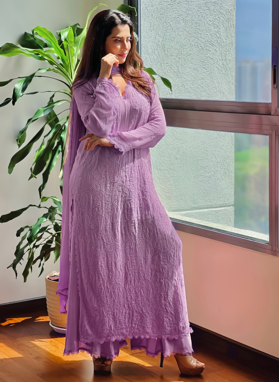 Georgette Embroidered Chikankari V Neck Kurta with Palazzo and Dupatta