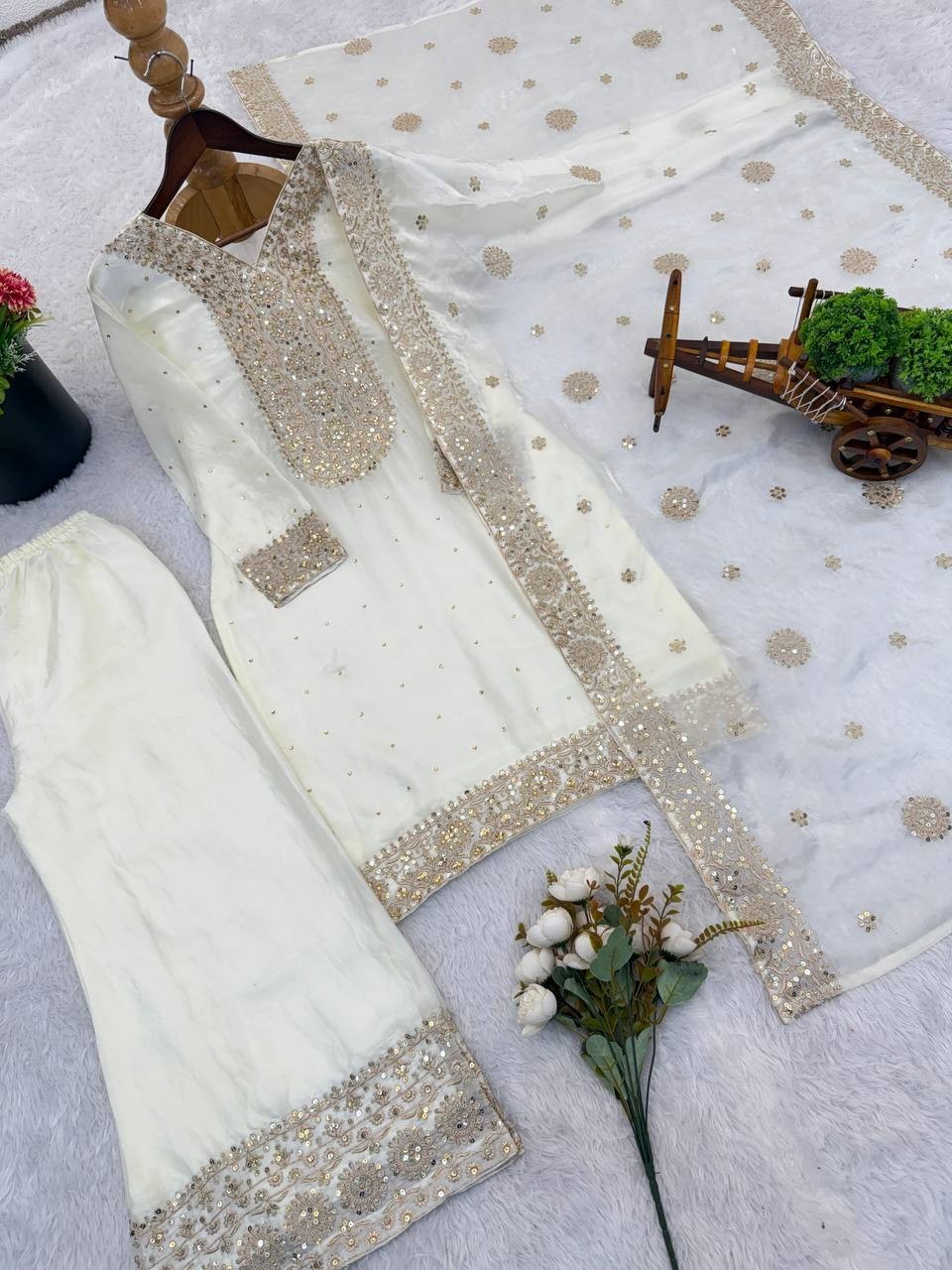 New Presenting Silk White Top Palazzo With Dupatta For Festival Wear