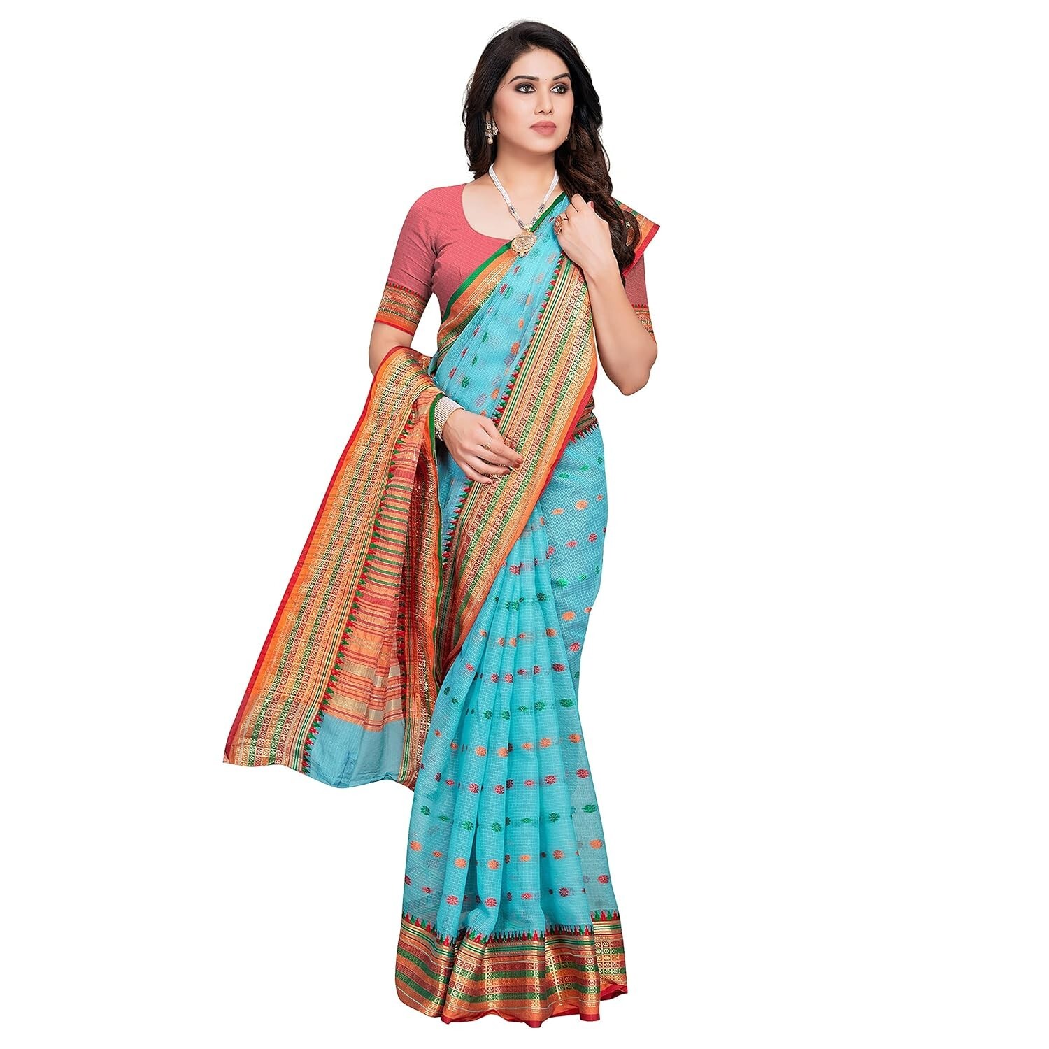 Women’s Kota Doria Cotton Manipuri Saree With Unstitched Blouse Piece