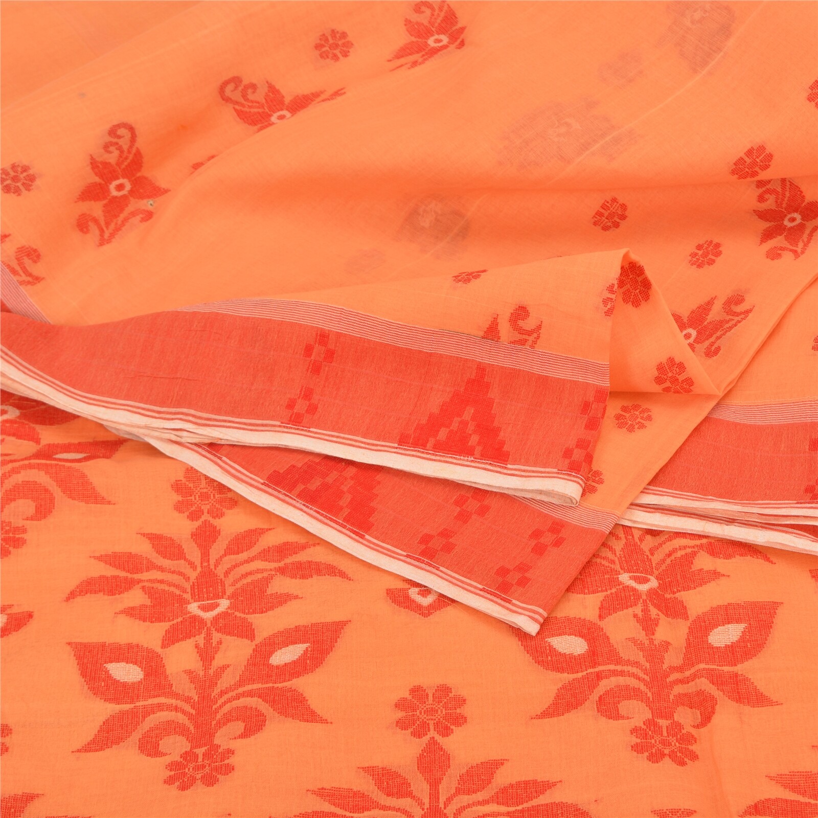 Sanskriti Vintage Peach Indian Sarees Pure Cotton Hand-Woven Sari 5 Yard Fabric