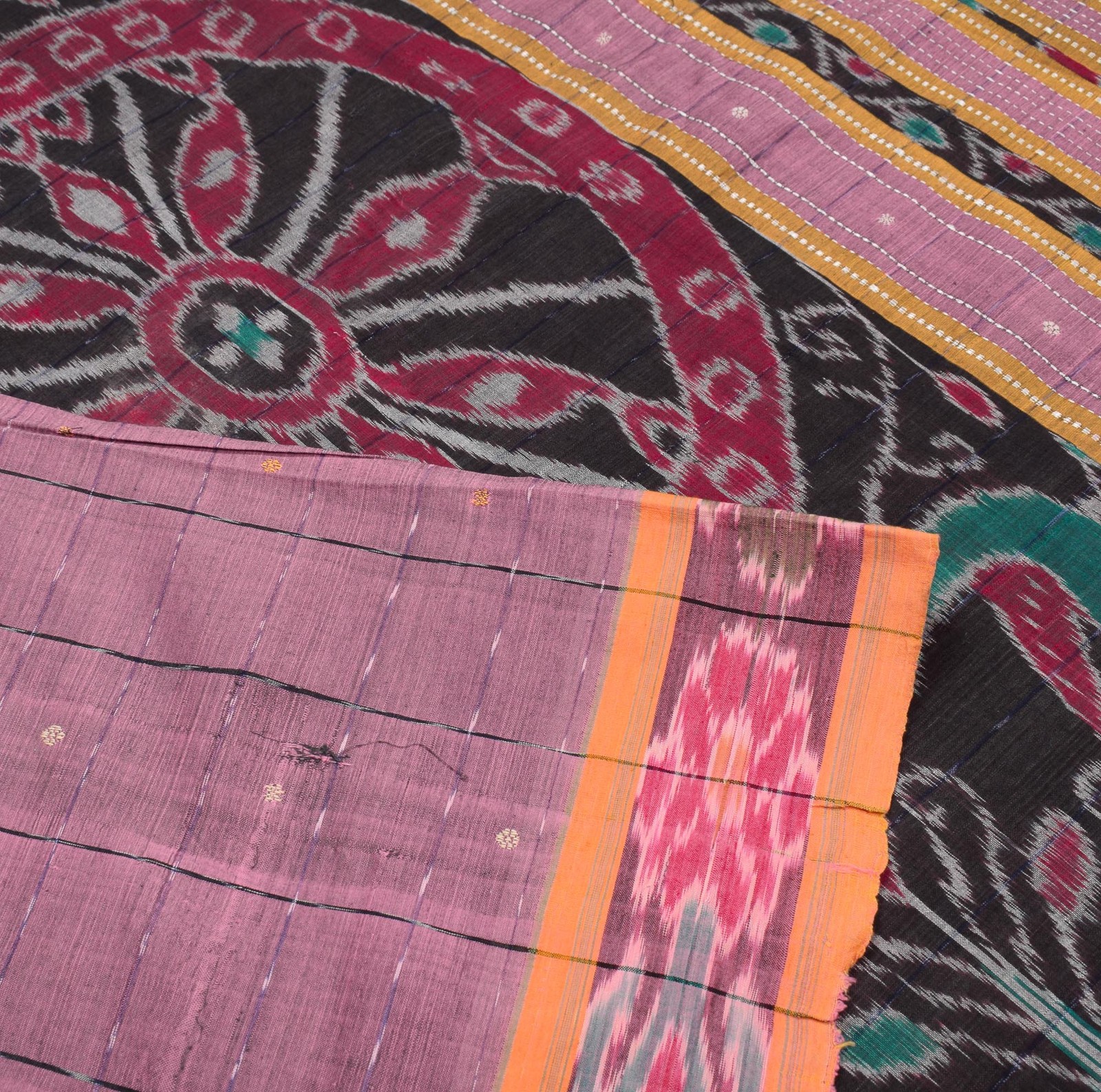 Sushila Vintage Pink Saree Pure Cotton Silk Sambalpuri Ikat Sari Craft Fabric