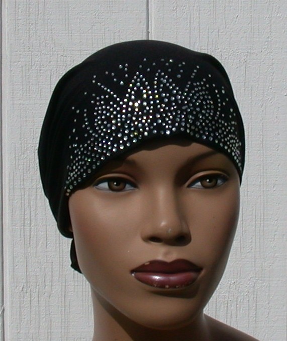 Set of 4 Rhinestone Caps fun & Flirty Chemo Tie Back Cap Black Grey Brown Violet