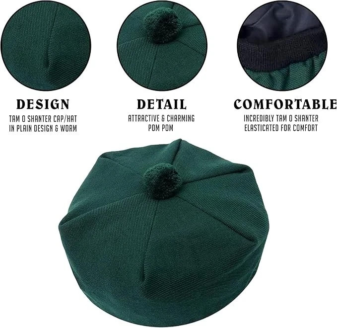 Traditional Scottish Wool Tam O’ Shanter Cap Green Tartan kilt Hat Tammy Bonnet