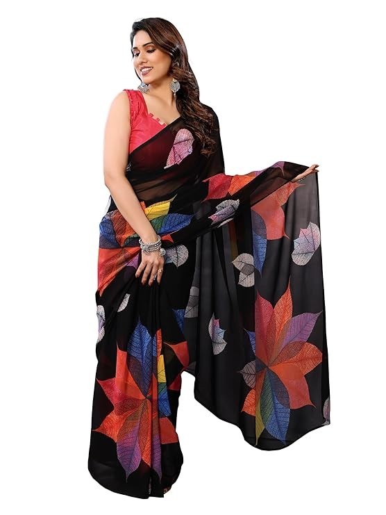 Women’s Printed Georgette Ready To Wear One Minute Saree With Unstitched Blouse