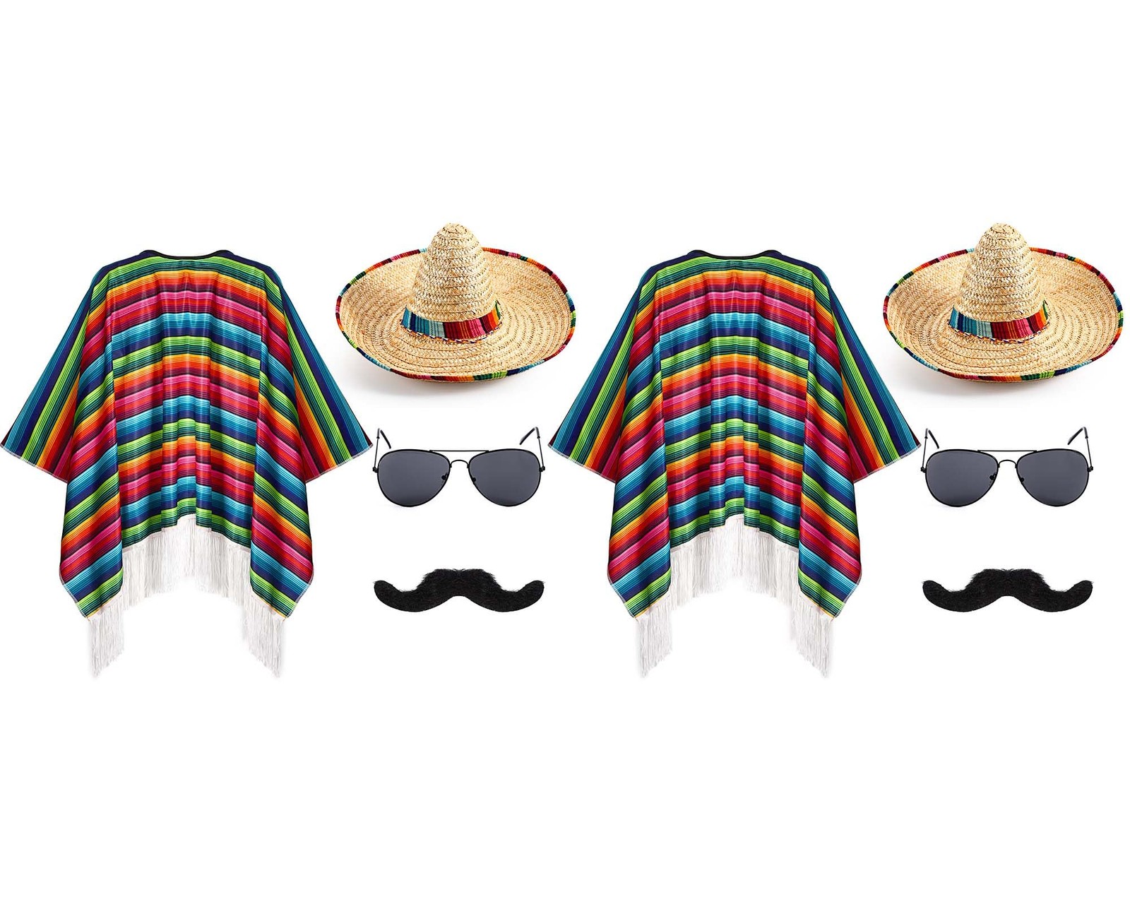 Mepase 8 Pcs Mexican Costume Set Include Mexican Serape Poncho Sombrero