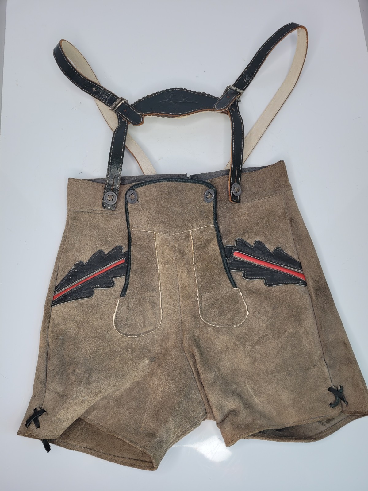 Vintage Youth Kids Lederhosen Short Suspenders Grey Red & Brown Leather Trim