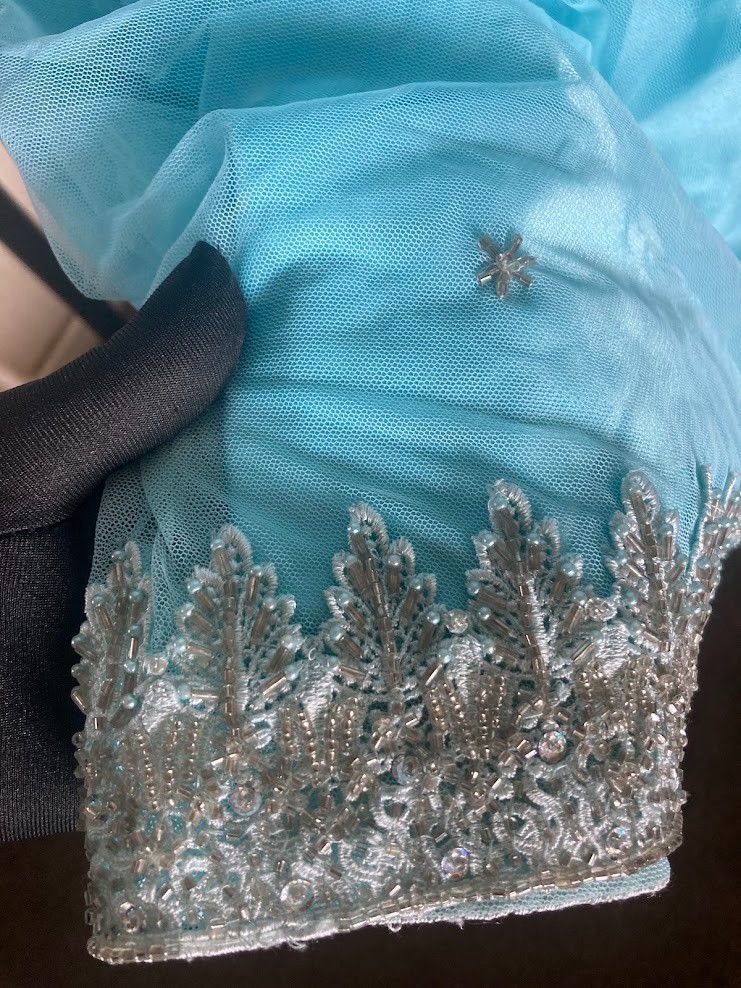 Vintage Indian Sky Blue Tulle Lehenga Skirt Glass Bugle Bead Silver Zardozi 44″