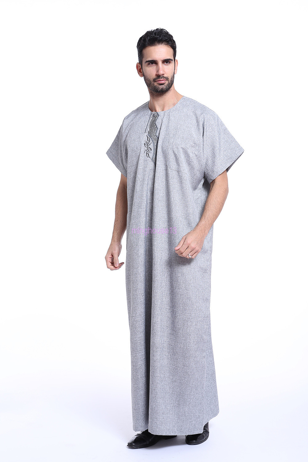 Saudi Men Thobe Jubba Thoub Short Sleeve Kaftan Dishdasha Abaya Muslim Men Robe