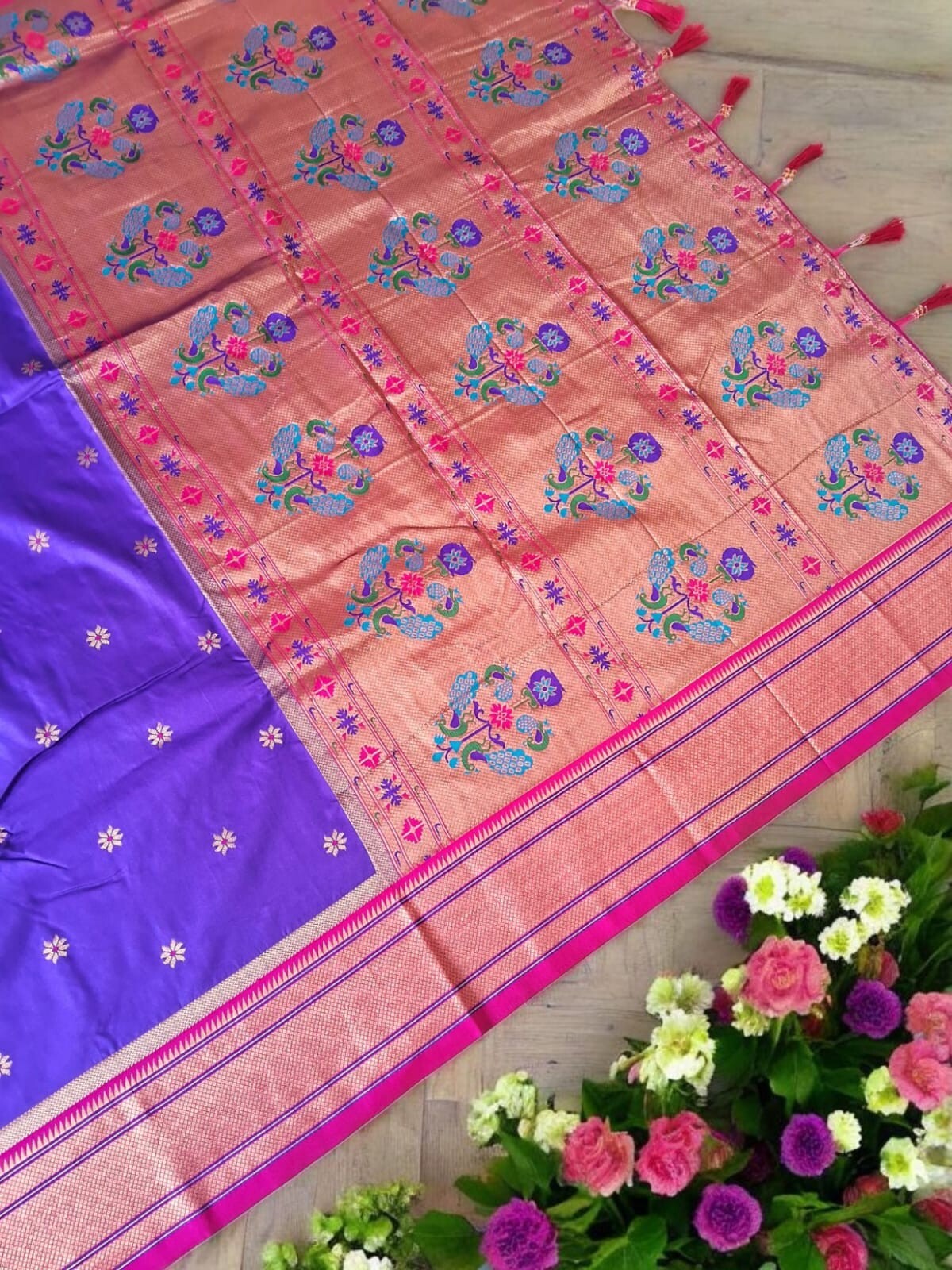 Soft Indian Paithani Silk Zari Meenakari Weaving Saree,Rich Pallu Contrast Saree