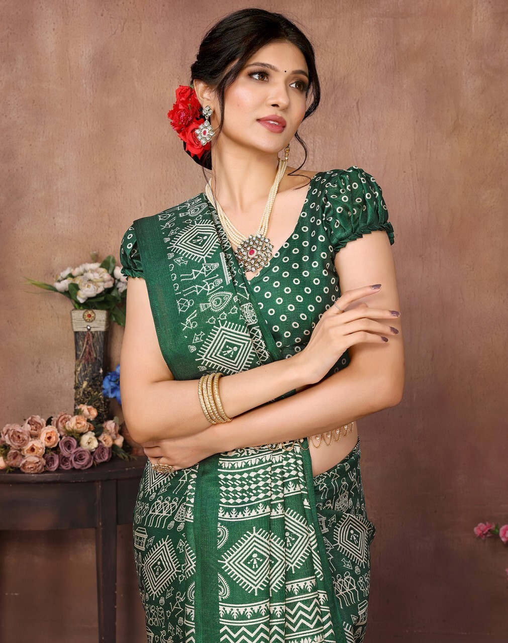 Printed Daily Wear Art Silk Saree (Green)