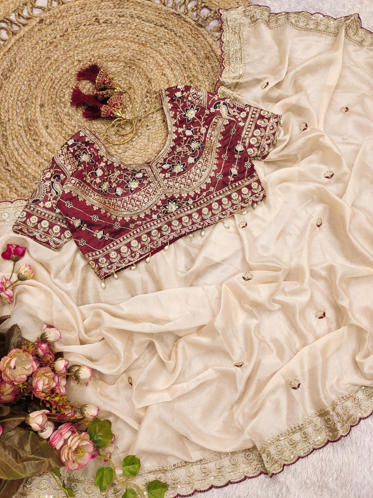 Soft Rangoli Silk Fabric With Sequance and dori Embroidery Work with Real Mirror