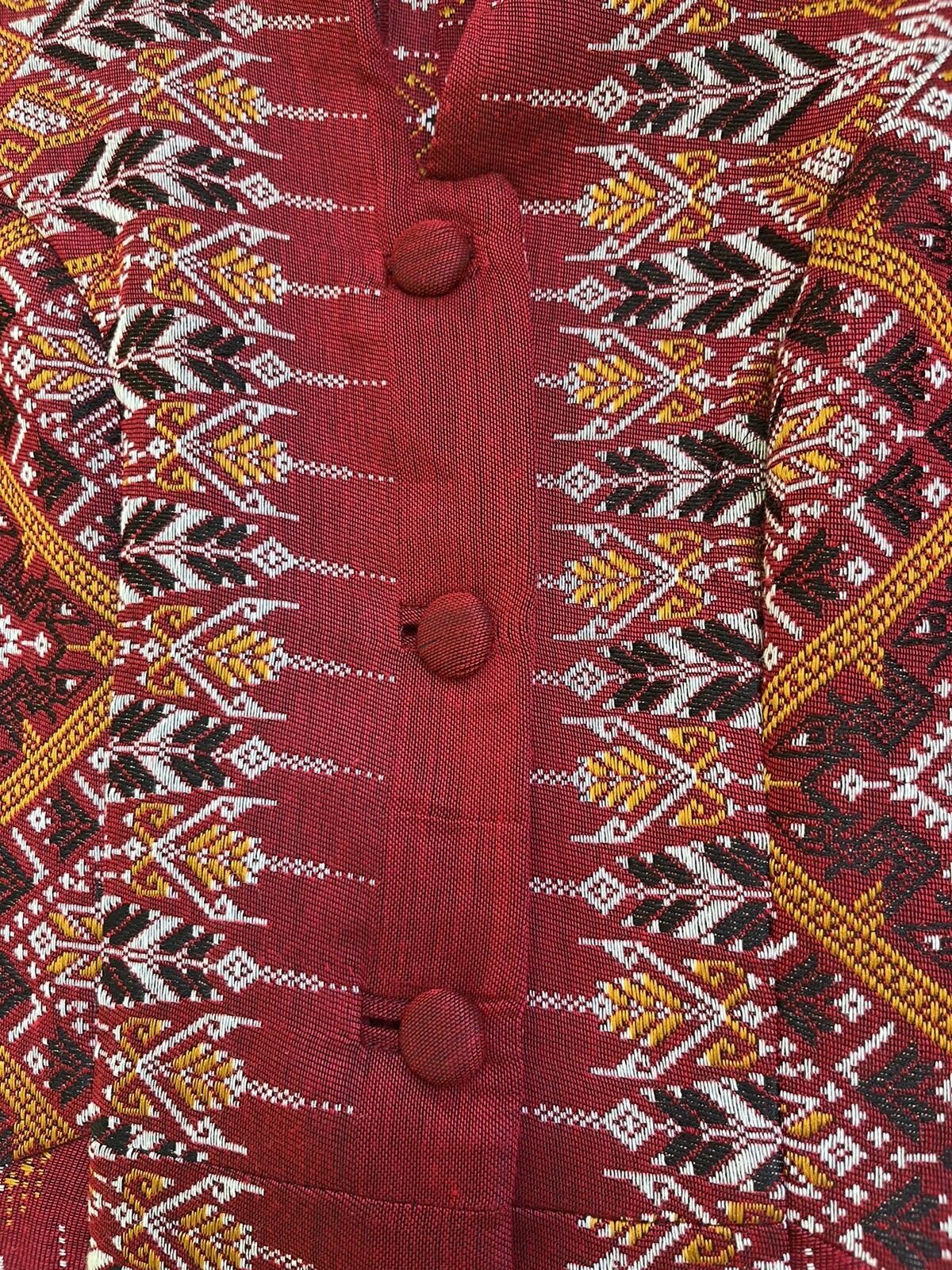 Bohemian VTG Red Handwoven Dress Praewa Silk Fabric Button-Front Maxi Thailand S