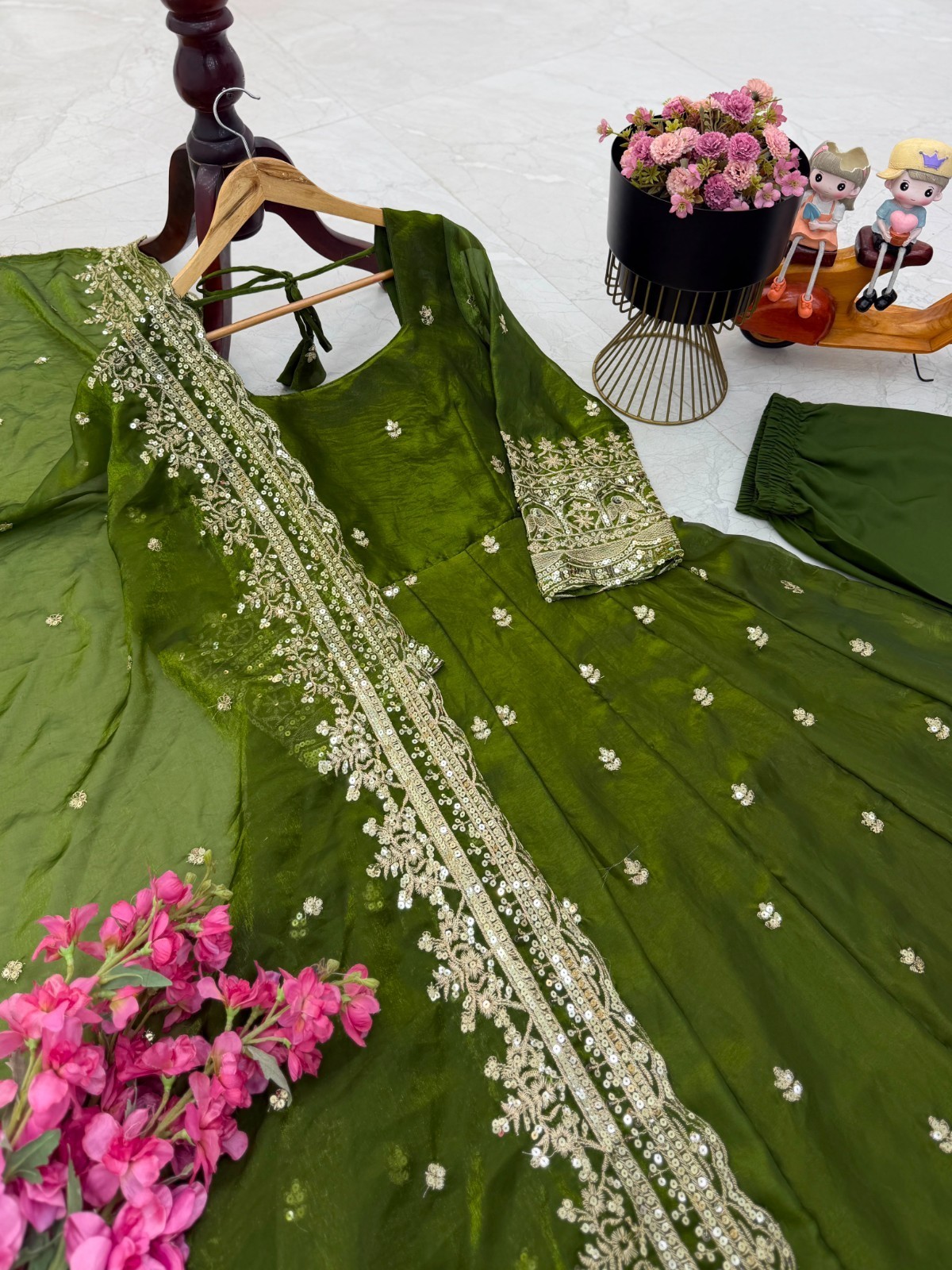 Mahendi Green Fendy Silk Designer Ready Made Embroidery Anarkali Suit Set M