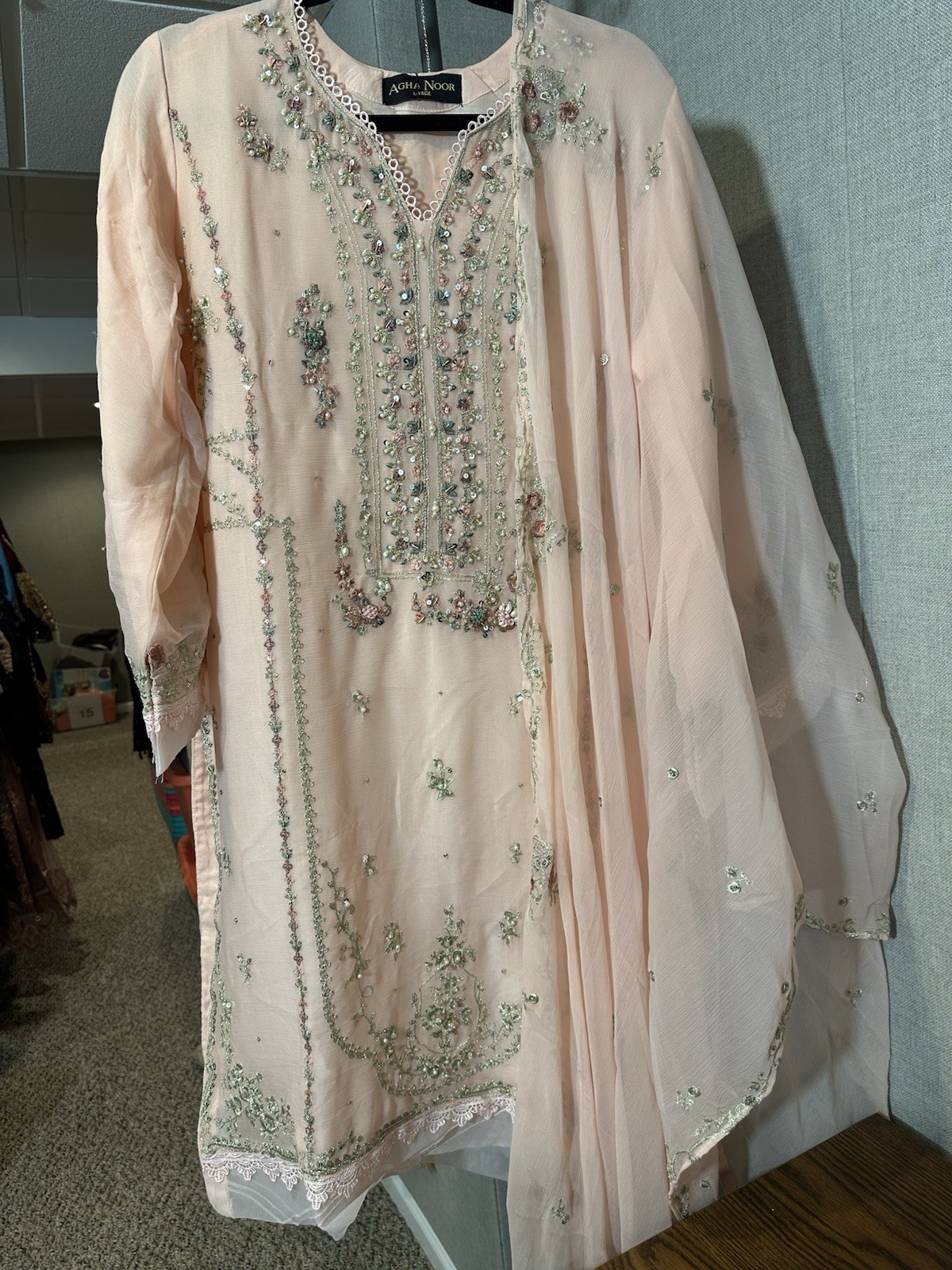 Beautiful Chiffon Embroidered 3 Pc Suit – Large Size – $60