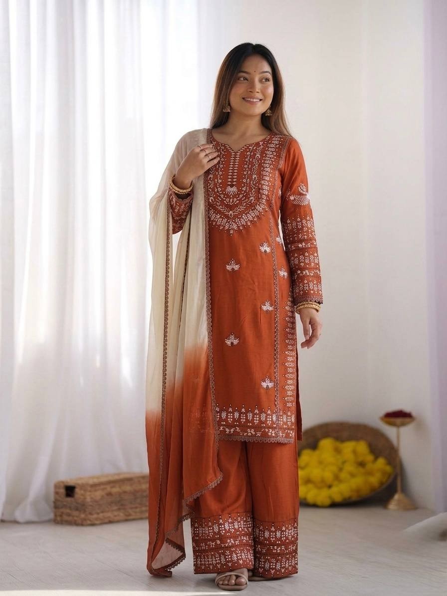 Stunning Rayon Cotton Orange Salwar Kameez With Dupatta For Festival Wear