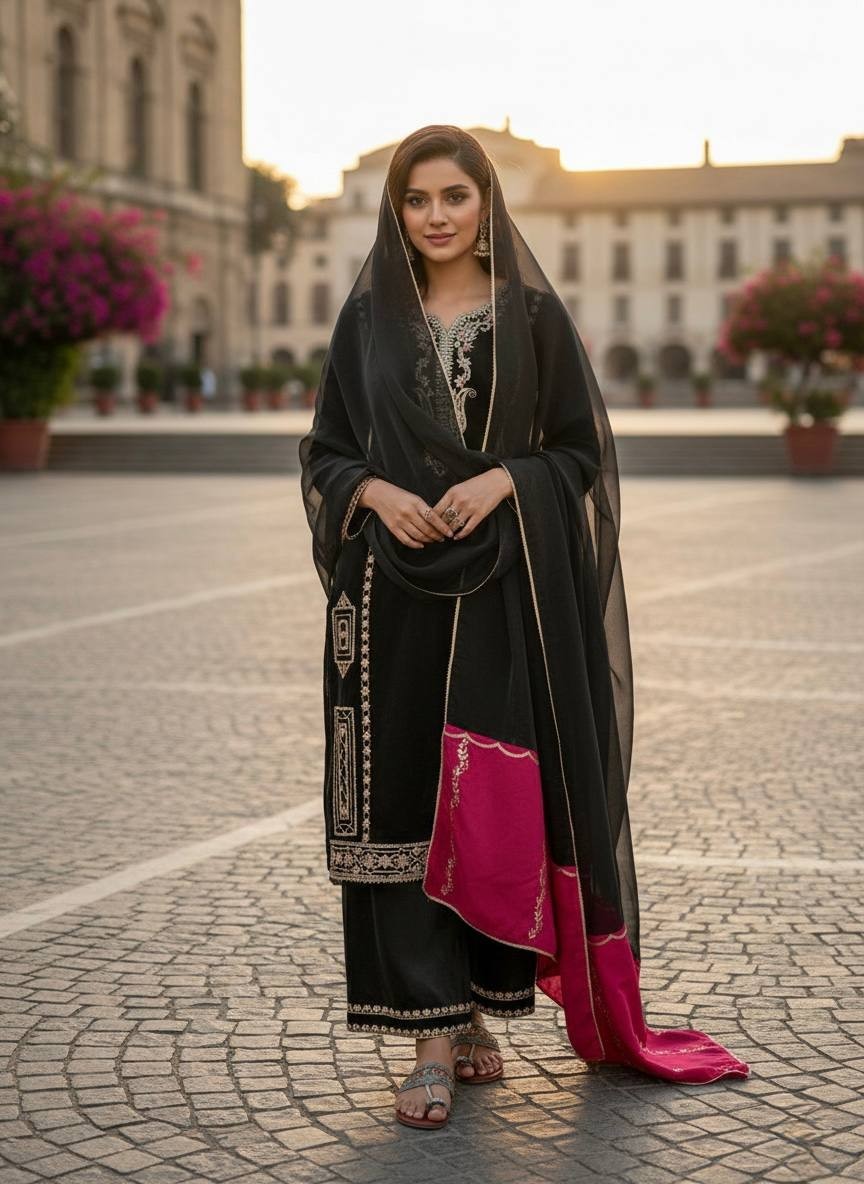 New Presenting Silk Black Salwar Kameez With Dupatta For Indian Festival Wear