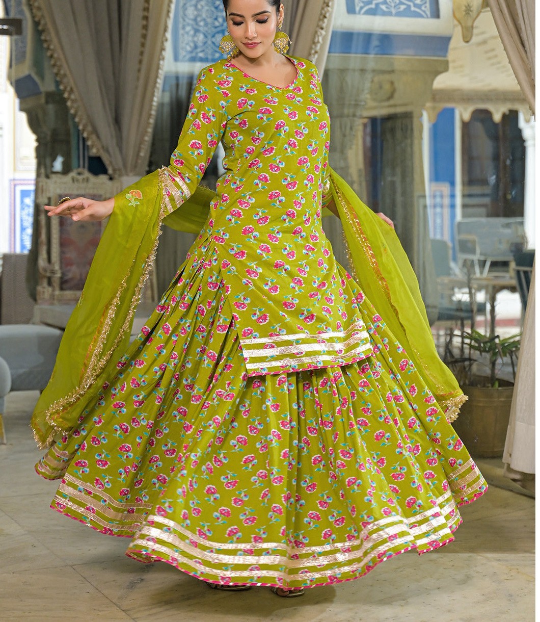 Green Cotton Kurti Lehenga Set with Dupatta Indian Ethnic Plus Size Dress